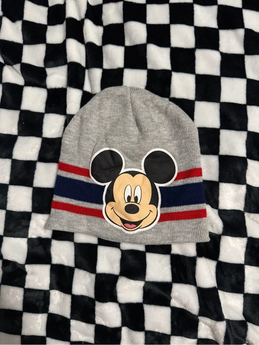 Disney Gray Mickey Mouse Beanie with Red and Blue Stripes